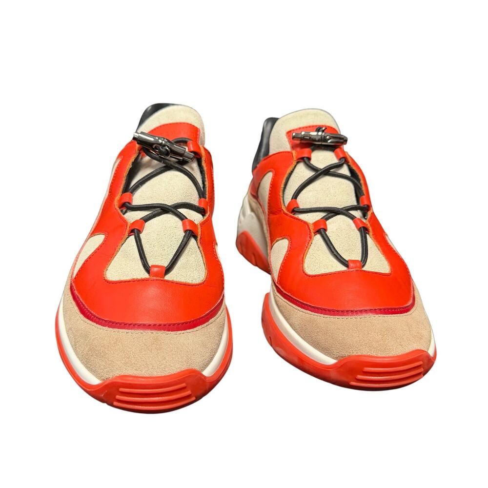 Longchamp Orange Red Tan Leather & Suede Sneakers - Picture 3 of 11